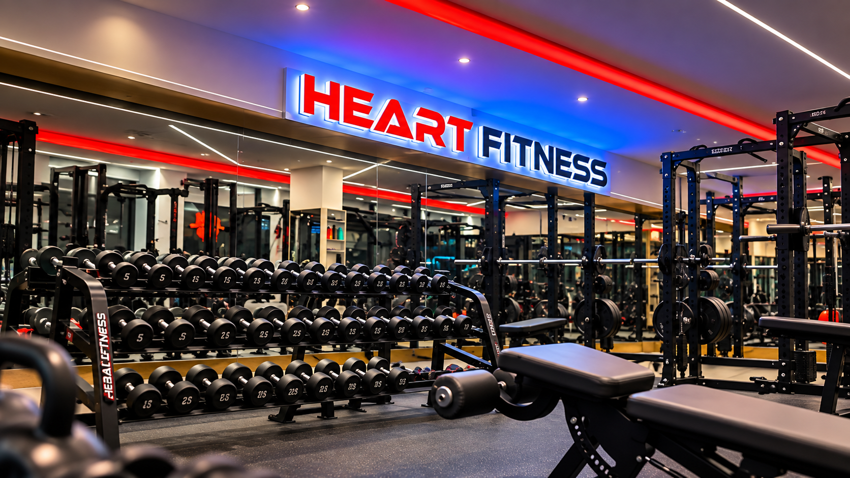 Heart Fitness gym interior with Jerai equipment and illuminated brand sign in Virar East